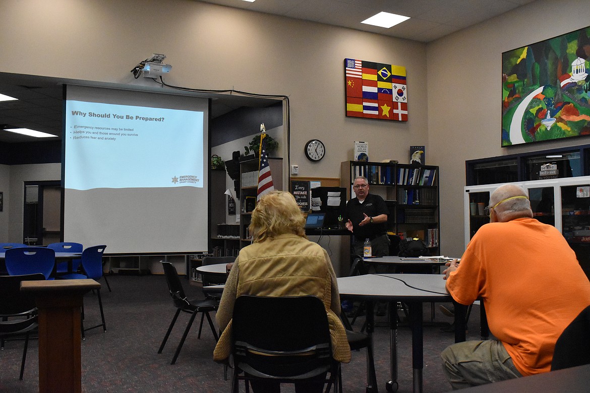 Kyle Foreman, Emergency Management Specialist, gives a presentation in Soap Lake on Oct. 26 to inform residents on how to be prepared for emergency situations they may encounter.