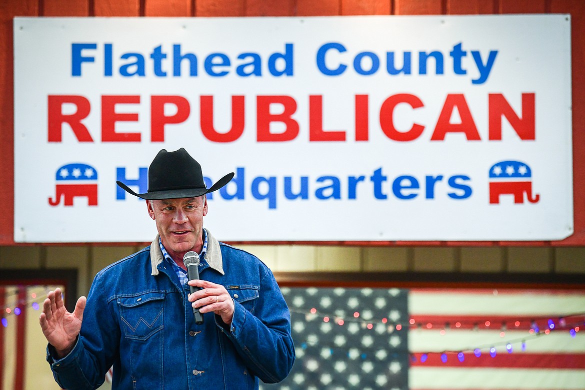 Ryan Zinke, Republican candidate for Montana's western district congressional seat, speaks during a grassroots rally at the Flathead County Republican Headquarters on West Reserve Drive in Kalispell on Friday, Oct. 28. (Casey Kreider/Daily Inter Lake)