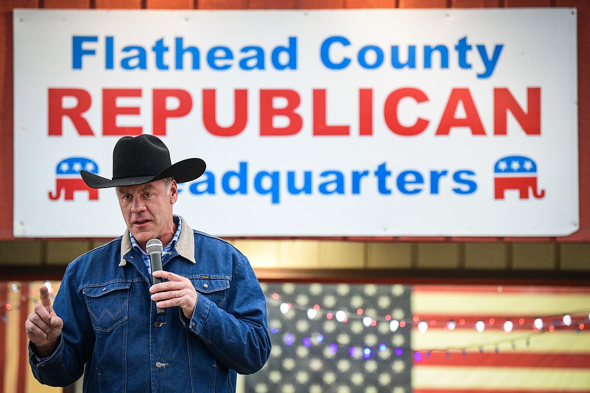 Ryan Zinke, Republican candidate for Montana's western district congressional seat, speaks during a grassroots rally at the Flathead County Republican Headquarters on West Reserve Drive in Kalispell on Friday, Oct. 28. (Casey Kreider/Daily Inter Lake)