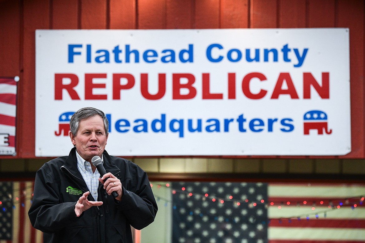 Senator Steve Daines speaks during a grassroots rally at the Flathead County Republican Headquarters on West Reserve Drive in Kalispell on Friday, Oct. 28. (Casey Kreider/Daily Inter Lake)