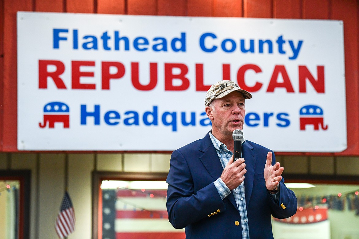 Gov. Greg Gianforte speaks during a grassroots rally hosted by Ryan Zinke, Republican candidate for Montana's western district congressional seat, at the Flathead County Republican Headquarters on West Reserve Drive in Kalispell on Friday, Oct. 28. (Casey Kreider/Daily Inter Lake)