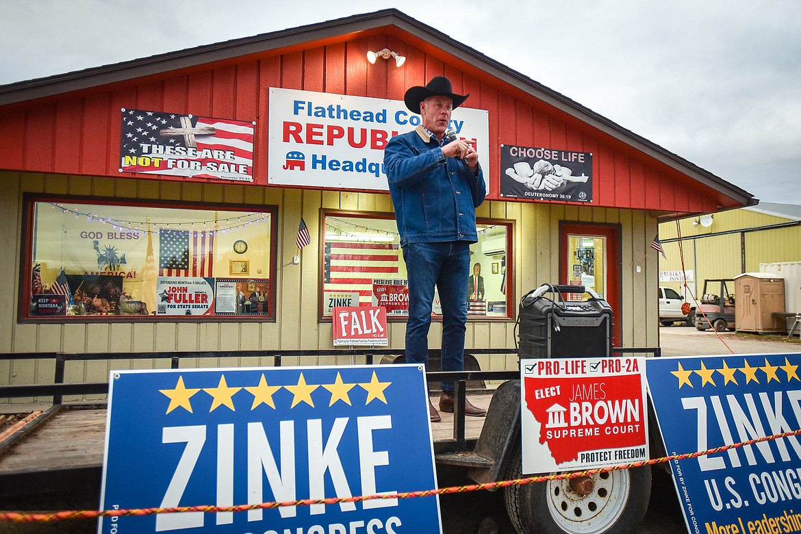 Ryan Zinke, Republican candidate for Montana's western district congressional seat, speaks during a grassroots rally at the Flathead County Republican Headquarters on West Reserve Drive in Kalispell on Friday, Oct. 28. (Casey Kreider/Daily Inter Lake)