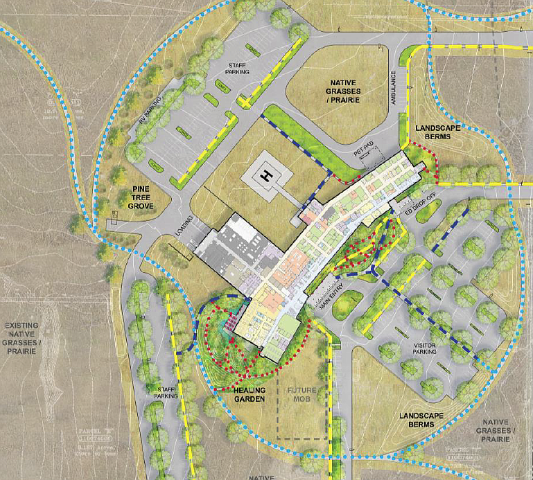 Concept art for a new Samaritan Healthcare facility includes outdoor spaces for those recovering from ailments, parking space and native plants.