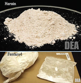 Heroin (top) is compared with fentanyl (bottom). Both are dangerous and can lead to overdoses. Fentnyl is a manmade opioid that can be 50-100 times more potent than morphine. While it has medical uses, fentanyl is highly addictive.