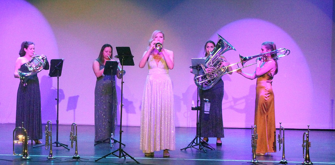 The all-female quintet Seraph Brass played onstage Thursday at Big Bend Community College’s Wallenstein theater. From left: Raquel Samayoa, Rachel Velvikis, Mary Elizabeth Bowden, Cristina Cutts Dougherty and Victoria Garcia.