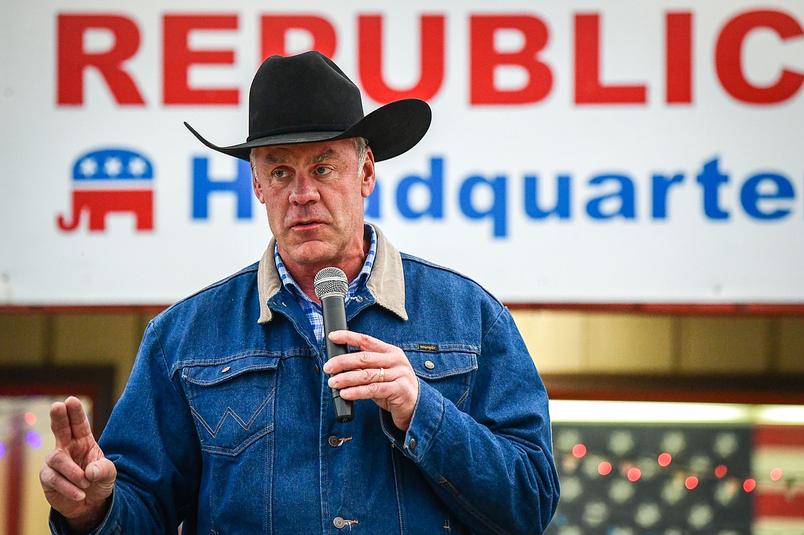 Ryan Zinke, Republican candidate for Montana's western district congressional seat, speaks during a grassroots rally at the Flathead County Republican Headquarters on West Reserve Drive in Kalispell on Friday, Oct. 28. (Casey Kreider/Daily Inter Lake)