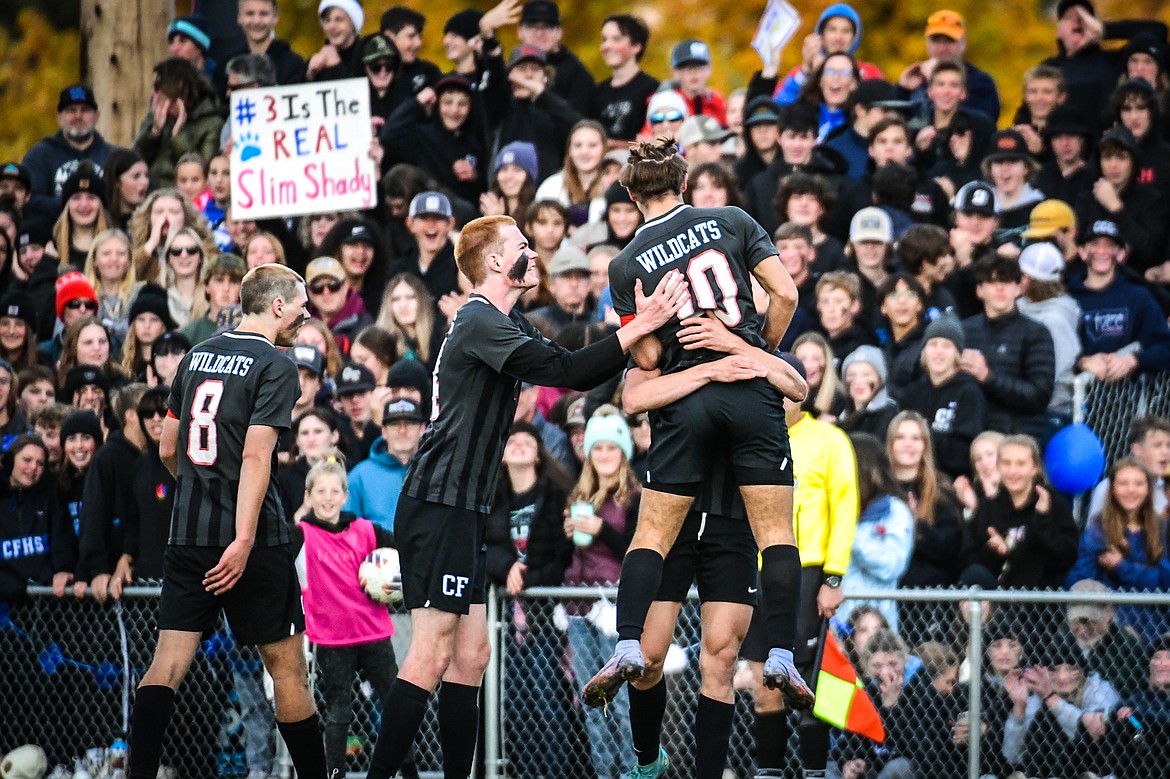Columbia Falls celebrates after a goal by Kai Golan (10) in the first half of the State A Championship game against Livingston at Flip Darling Memorial Field in Columbia Falls on Saturday, Oct. 29. (Casey Kreider/Daily Inter Lake)