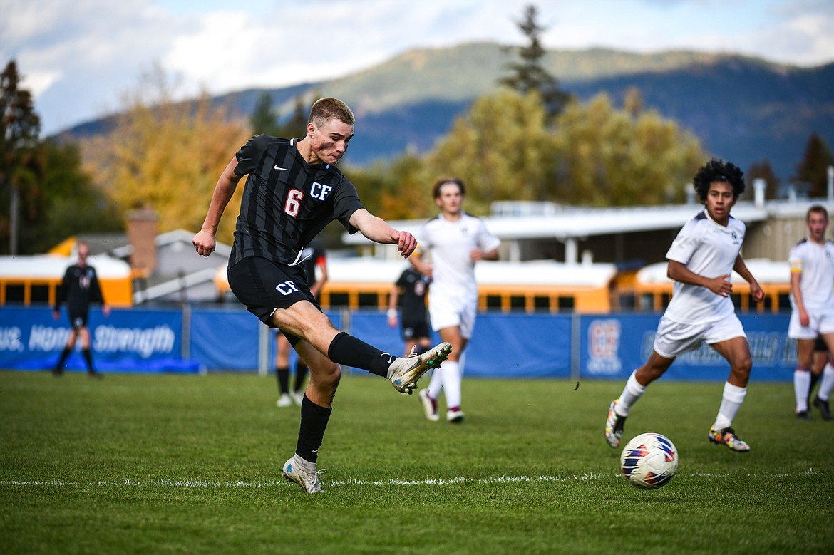 Columbia Falls' Dale Blickhan (6) shoots in the first half of the State A Championship game against Livingston at Flip Darling Memorial Field in Columbia Falls on Saturday, Oct. 29. (Casey Kreider/Daily Inter Lake)