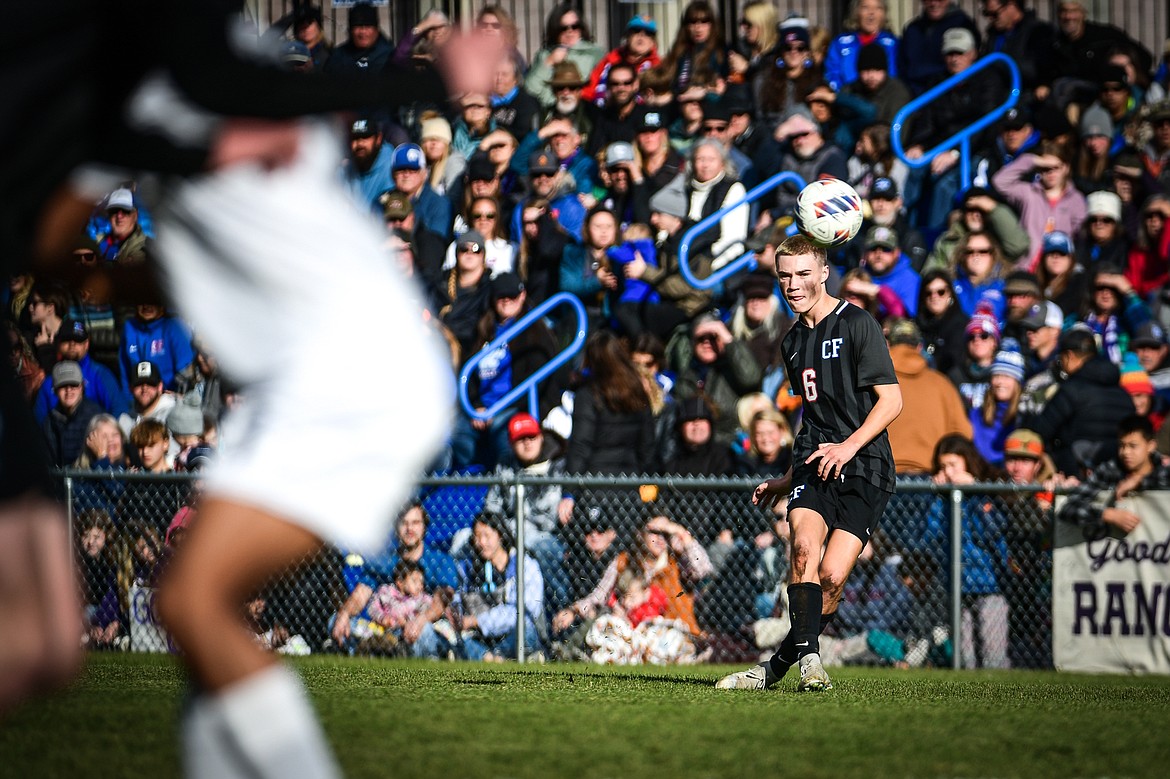 Columbia Falls' Dale Blickhan (6) centers a ball in the first half of the State A Championship game against Livingston at Flip Darling Memorial Field in Columbia Falls on Saturday, Oct. 29. (Casey Kreider/Daily Inter Lake)