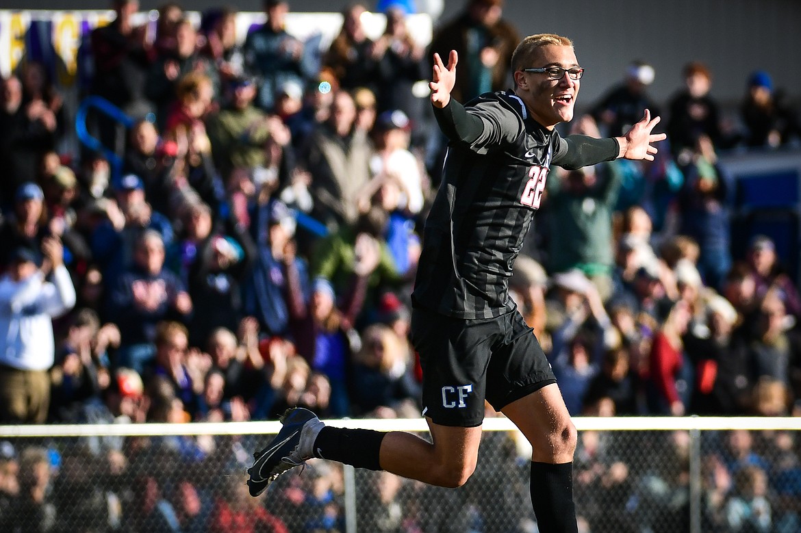 Columbia Falls' Finley Sundberg (22) celebrates after a goal in the second half of the State A Championship game against Livingston at Flip Darling Memorial Field in Columbia Falls on Saturday, Oct. 29. (Casey Kreider/Daily Inter Lake)