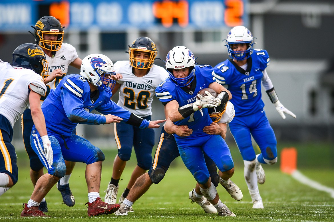 Columbia Falls wide receiver Justin Windauer (1) runs after a reception in the second quarter against Miles City at Satterthwaite Field on Saturday, Oct. 29. (Casey Kreider/Daily Inter Lake)