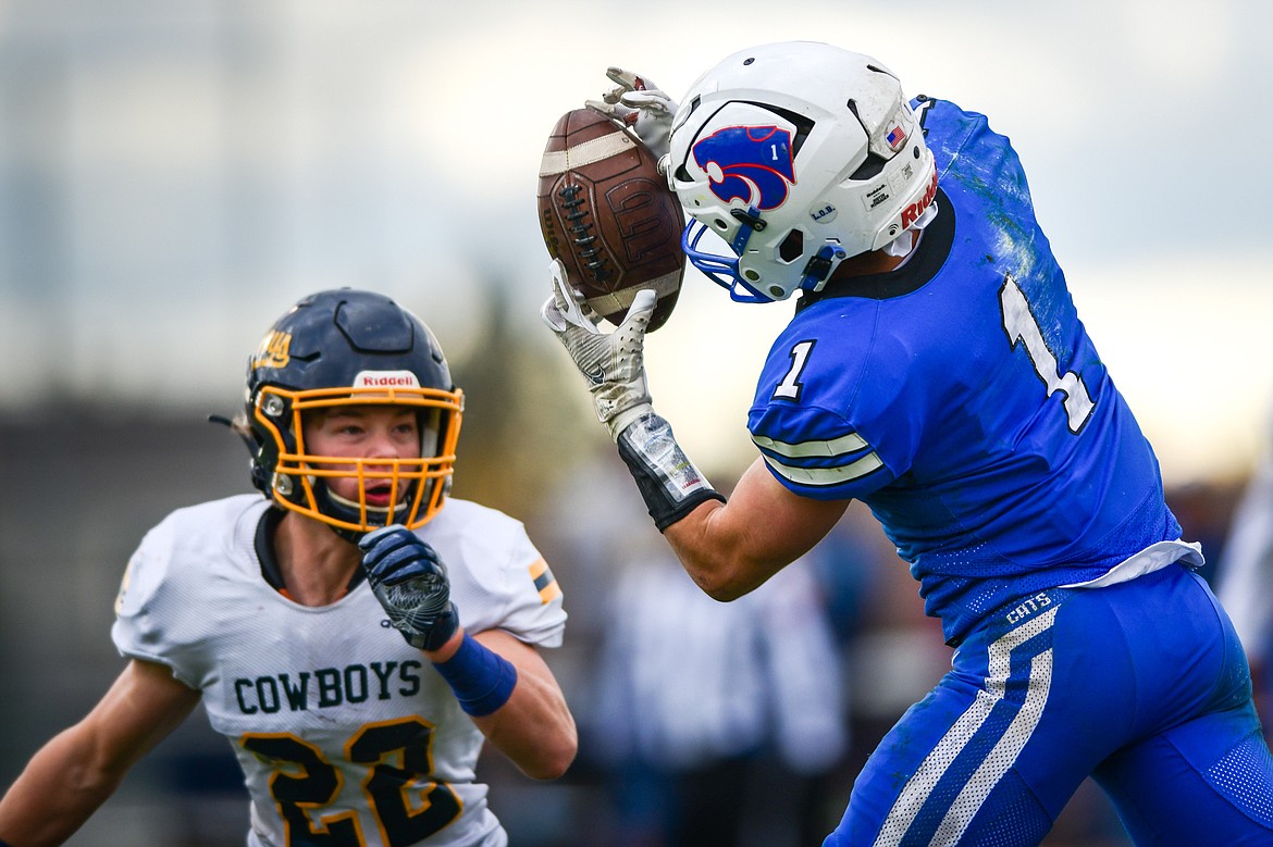 Columbia Falls wide receiver Justin Windauer (1) catches a 25-yard touchdown reception in the second quarter against Miles City at Satterthwaite Field on Saturday, Oct. 29. (Casey Kreider/Daily Inter Lake)