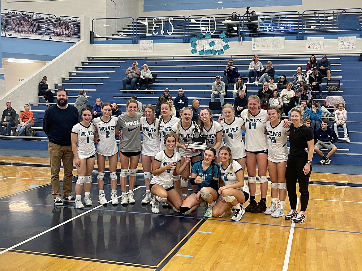 Courtesy photo
Lake City finished fourth at the state 5A volleyball tournament Saturday at Skyline High in Idaho Falls. In the front row from left are Dorie Kiesbuy, Allie Bowman and Ella Hosfeld; and back row from left, assistant coach Ryan Hilts, Reese Merk, Payton Peugh, Emmery Fuller, Daphne Neeley, Lola Jeanselme, Olivia Liermann, Aubrey Stennett, Jessalyn Wilson, Emberlyn Reynolds, Ava Johnson and head coach Michelle Kleinberg.