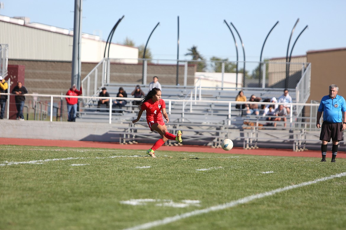 Othello sophomore Grace Rocha takes a shot in penalty kicks in the Huskies’ 2-1 loss to Grandview.