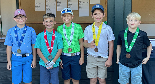 Courtesy photo
Boys 10 top finishers at the U.S. Kids Golf fall championships Oct. 16 at Hayden Lake Country Club were, from left, 1st, Emmett Asmus (Liberty Lake); 3rd, Seve Molitor (Ephrata); 2nd, Maddux Raugust (Spokane); 4th, Mardan Martinez (Pasco); and 5th, Henry Fazio (Hayden).