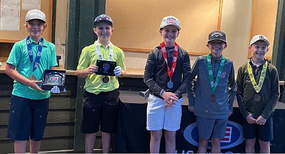 Courtesy photo
Boys 11 top finishers at the U.S. Kids Golf fall championships Oct. 16 at the Hayden Lake Country Club include, from left, 1st, Cole Paquin (Hayden); 2nd, Sawyer Haggerty (Liberty Lake); 7th, Shea Schrock
(Spokane); 8th, Regan Enevold (Spokane Valley); and 6th, Zachary Zvonar (Spokane).