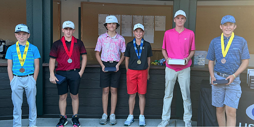 Courtesy photo
Boys 13-14 top finishers at the U.S. Kids Golf fall championships Oct. 16 at the Hayden Lake Country Club include, from left, 8th, Byron Hammett (Hayden); 3rd, Gage Williams (Richland); 4th, Ryan Howe (Cheney); 2nd, Justin Krasselt (Spokane); 1st, Jack Brigham (Spokane); and 5th, Tyler Zachary (Rathdrum).