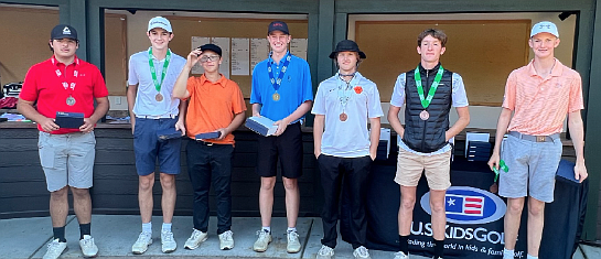 Courtesy photo
Boys 15-18 top finishers at the U.S. Kids Golf fall tournament Oct. 16 at Hayden Lake Country Club are, from left, 2nd, Seth Swallows (St. Maries); 5th, Geo Pirrie (Spokane); 5th, John Malsam (Spokane); 1st, Ben Barrett (Spokane); 6th, Aden Rasmussen (Spokane); 10th, Carter Burns (Ephrata); and 3rd, Dillon Schrock (Spokane).