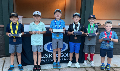 Courtesy photo
Boys 8 top finishers at the U.S. Kids Golf fall championships Oct. 16 at the Hayden Lake Country Club are, from left, 5th, Emmett Enevold (Spokane Valley); 6th, Graham Wilson (Hayden); 1st, Drayson McDaniel (Kennewick); 3rd, James Cornish (Hauser); 4th, Garrett Sampsel (Hayden); and 2nd, Sawyer Strickland (Wenatchee).