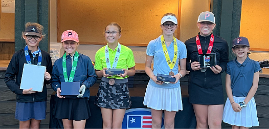 Courtesy photo
Girls 11-12 top finishers at the U.S. Kids Golf fall championships Oct. 16 at the Hayden Lake Country Club are, from left, 1st, Hanna Thomas (Calgary, Alberts); 2nd, Emily Stillert (Hayden); 4th, Avery Wilson
(Hayden); 3rd, Kinsley Meier (Hayden); 2nd, Ella Wilson (Hayden); and 6th, Gracie McVey (Hayden).