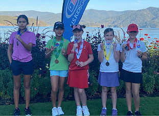 Courtesy photo
Girls 9-10 top finishers at the U.S. Kids Golf fall championships Oct. 16 at the Hayden Lake Country Club are, from left, 1st, Camilla Ruesga-Rojas (Calgary, Alberta); 5th, Jamie Thomas (Calgary, Alberta); 3rd,
Avyn Nordhagen (Coeur d’Alene); 4th, Halle Meier (Hayden); and 2nd, Hailey Thayer (Hayden).