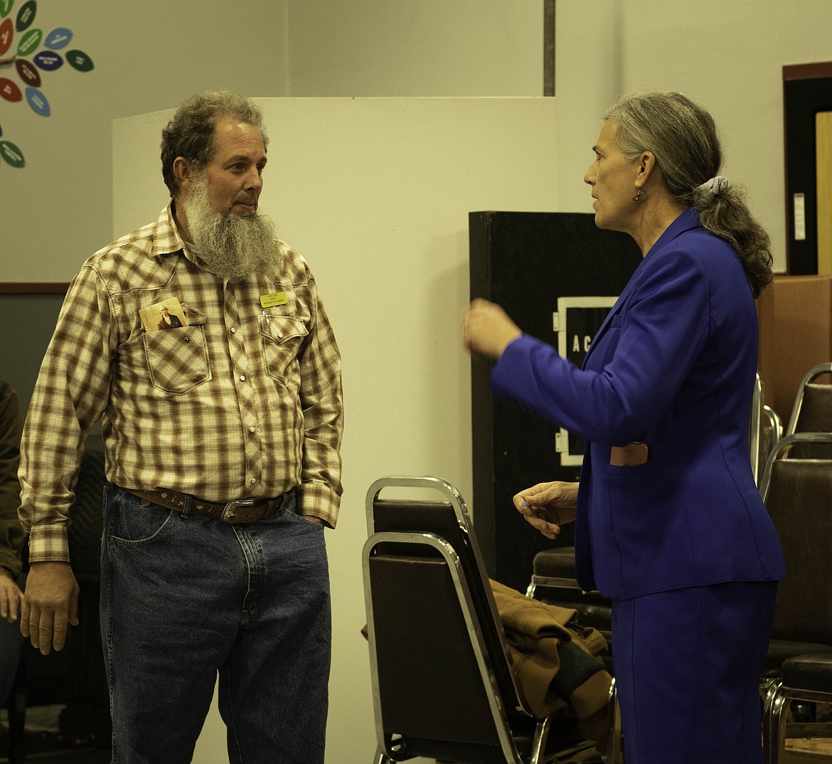 Libertarian John Lamb, left, and Democrat Monica Tranel debate in Paradise. (Tracy Scott/Valley Press)