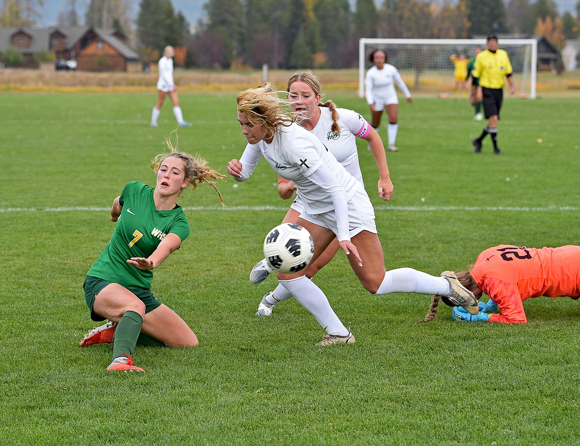 Whitefish senior Brooke Roberts tries to get a shot off after beating the Rams goalkeeper in the final minutes of the State A final against Billings Central on Saturday in Whitefish. (Whitney England/Whitefish Pilot)