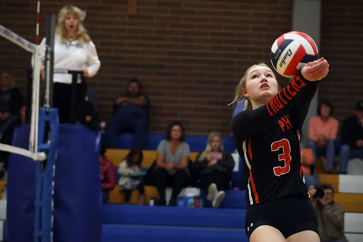 Piper Bergstom makes a pass for Plains in the opening round of the 7B District Volleyball Tournament in Thompson Falls Friday. (Jeremy Weber/Daily Inter Lake)