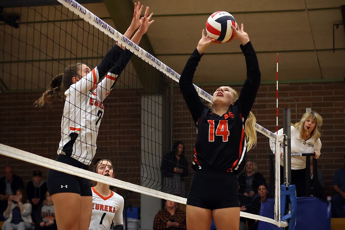 Aubrey Butcher sets up a Plains teammate in the opening round of the 7B District Volleyball Tournament in Thompson Falls Friday. (Jeremy Weber/Daily Inter Lake)