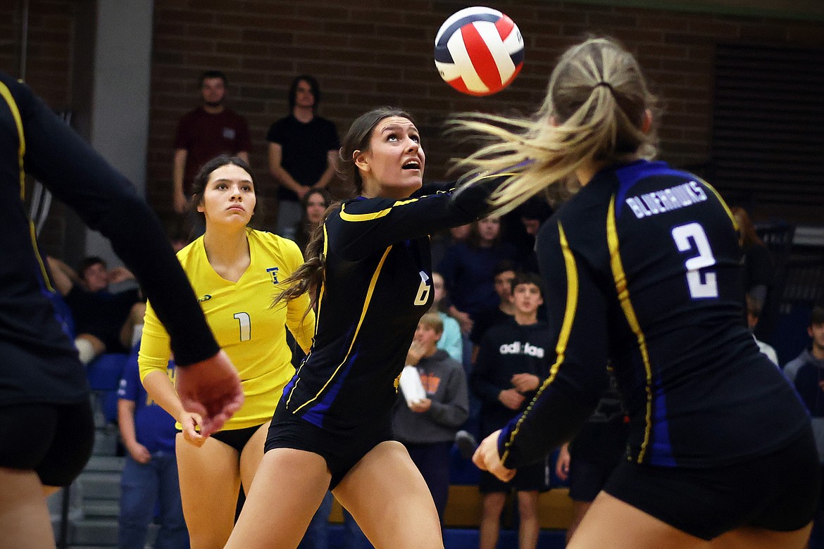 The Blue Hawks' Avery Burgess makes a play on the ball during action in the second round of the 7B District Volleyball Tournament in Thompson Falls Friday. (Jeremy Weber/Daily Inter Lake)