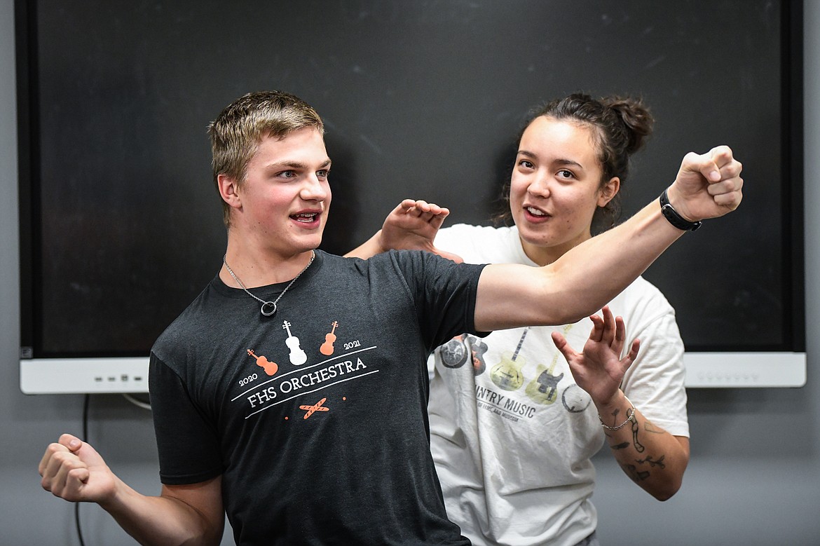 Flathead High School's Tag Schow and Jas Anderson practice their duo interpretation speech at Flathead High School on Tuesday, Nov. 1. (Casey Kreider/Daily Inter Lake)