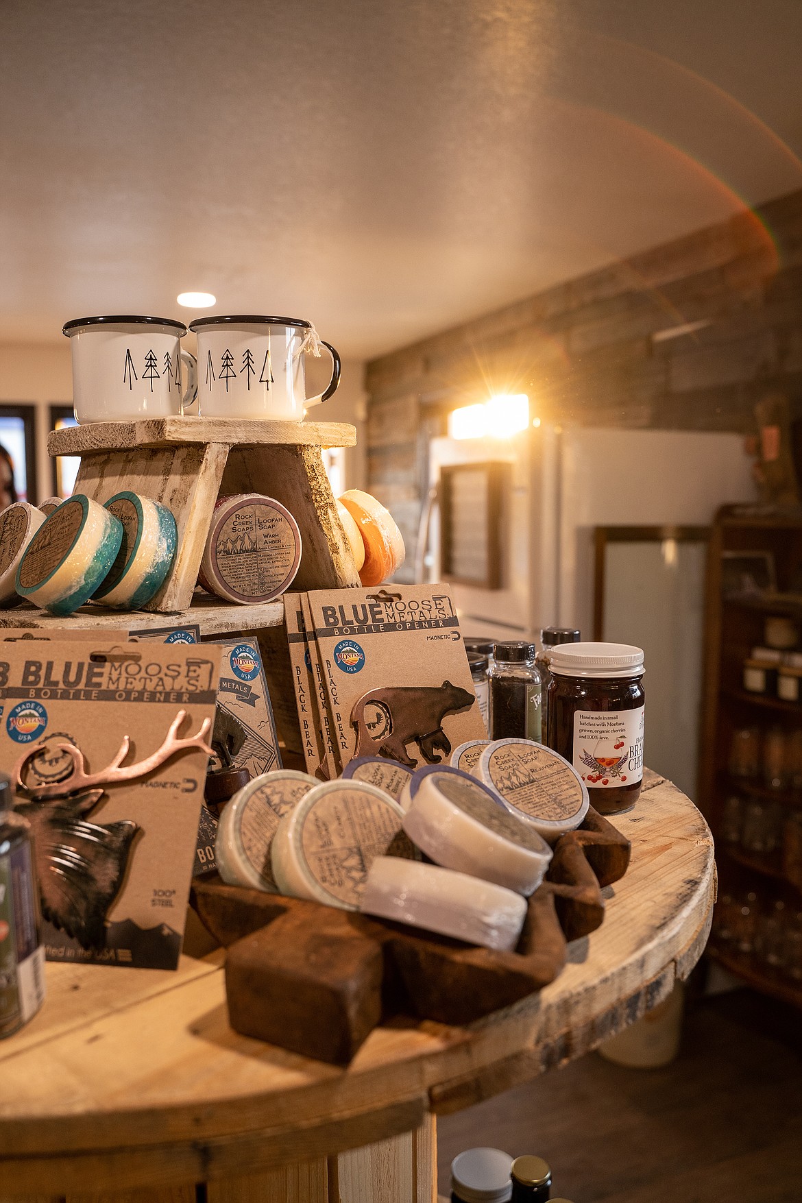 A selection of products like Rock Creek Soaps, sauces and other products sold at The Rancher’s Daughter in Kalispell