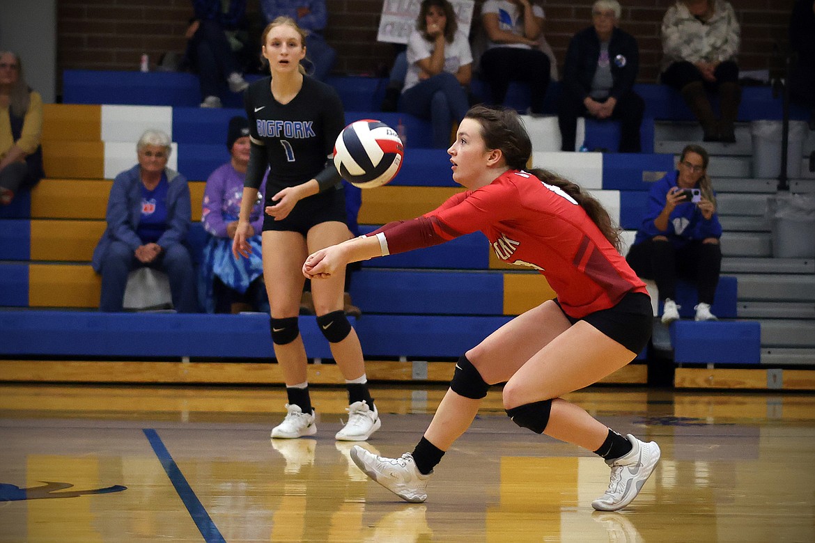 Tessa Troyer returns a Mission serve during second-round action at the 7B District Tourney in Thompson Falls Friday. (Jeremy Weber/Bigfork Eagle)