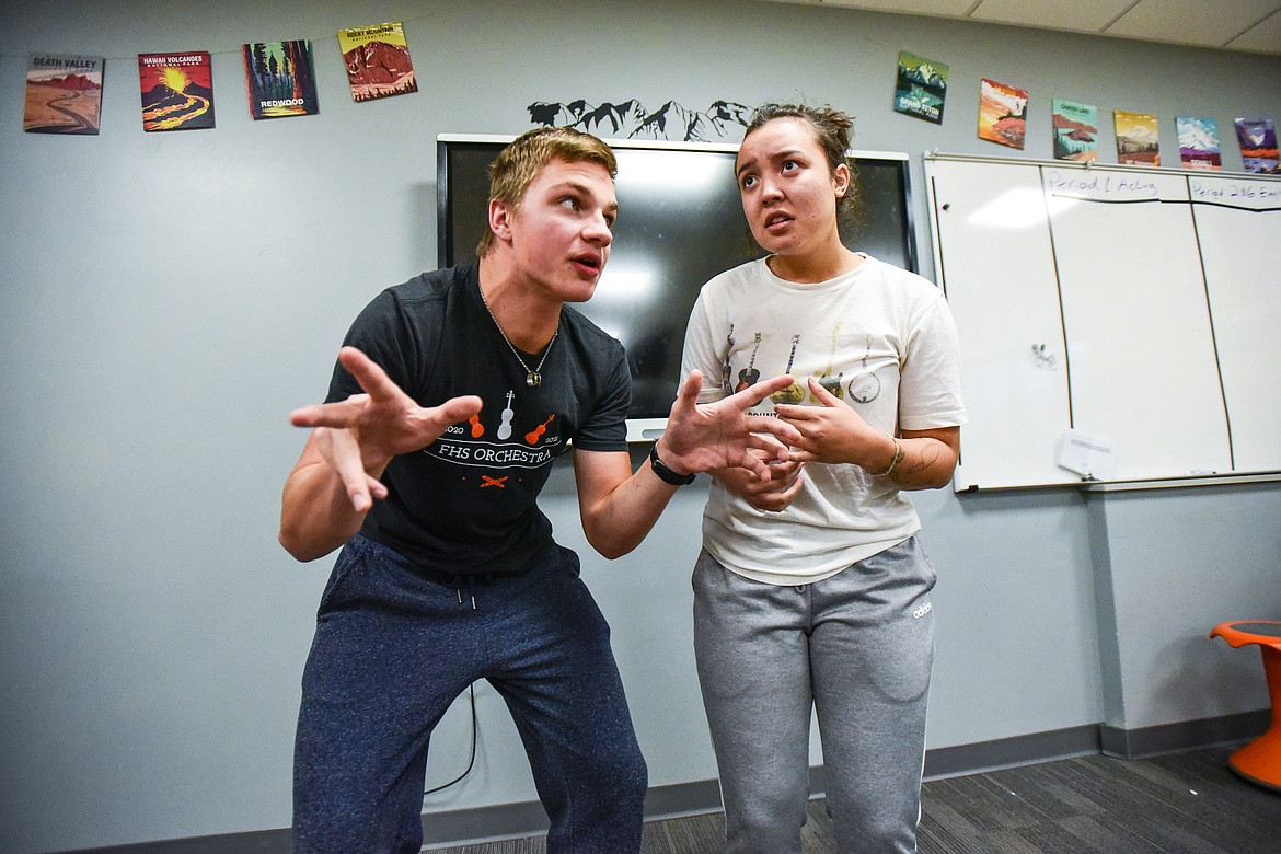 Flathead High School's Tag Schow and Jas Anderson practice their duo interpretation speech at Flathead High School on Tuesday, Nov. 1. (Casey Kreider/Daily Inter Lake)