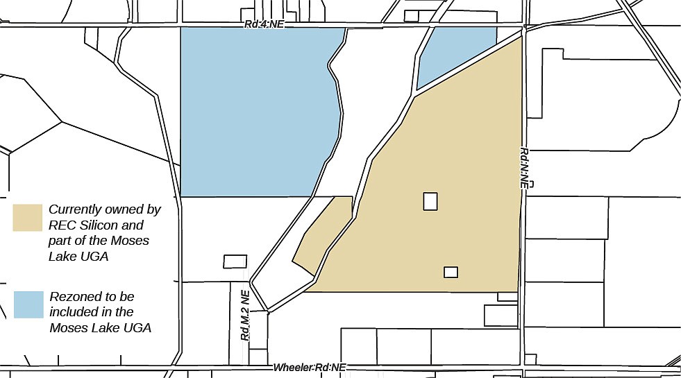 A map of the parcels REC Silicon has successfully petitioned the Grant County Commissioners to rezone to industrial from agricultural and include in the Moses Lake Urban Growth Area.
