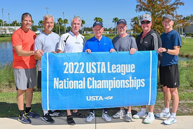 Courtesy photo
The Hayden PEAK-Fins and Feathers +55 USTA men’s tennis team took fifth place at the 2022 USTA League National Doubles Championships on Oct. 21-23 in Orlando, Fla. The team, representing the Pacific Northwest region, went 3-1 at nationals with wins over teams from Northern California, Intermountain, and Eastern U.S. The team finished the year 11-1 with the only loss to the New England region at the national tournament. Pictured from left are Doug Conboy, Guy Schneider, John Williams, Tim Qualls (captain), Glen Satre, Kevin Tweed and Terry McHugh. Not pictured are Mike Aagesen and Mark Jackson.