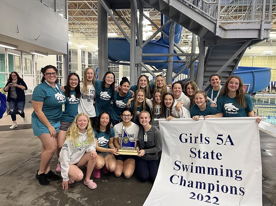 Courtesy photo
The Lake City High girls swim team captured a second straight state 5A title at the West Valley YMCA and Boise Aquatic Center on Saturday. In the front from left are Taylor Young, Maddison Craigie, Jasmine Mielke and Kennedy Way. In the second row are: Demi Blaylock, Quinn Taylor, Belle Taylor, Kiah Reed and Riley Taylor. In the back are assistant coach Emma Allison, Ashlyn Craigie, Sylvia Strow, Erin Griffith, Pema Anain, Gabby Garasky, Trista Slife, Lauren Stephens, Clara Strow and head coach Shelly Sobek