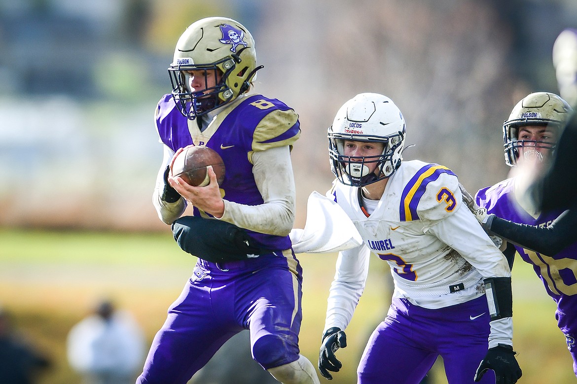 Polson safety Jarrett Wilson (8) intercepts a pass in the fourth quarter against Laurel at Polson High School on Saturday, Nov. 5. (Casey Kreider/Daily Inter Lake)