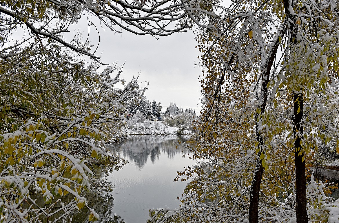 Peeking through the trees at the Whitefish River near Baker Park after an early season snowstorm blanketed trees that still had colorful leaves attached. (Whitney England/Whitefish Pilot)