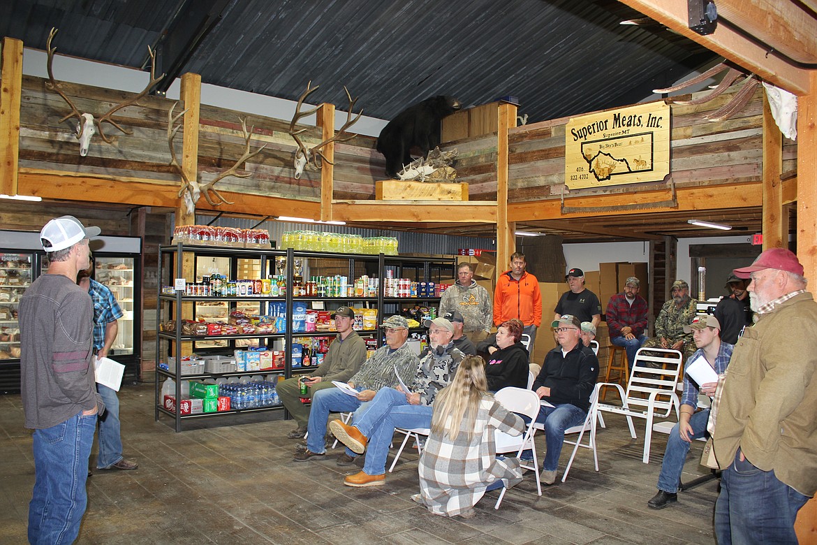 Jerry Stroot, owner of Superior Meats, hosts a meeting in his store to discuss the MKH Montana property that is no longer in the FWP Block Management program. Another meeting will be held in Plains on Monday the Nov. 14. (Monte Turner/Mineral Independent)