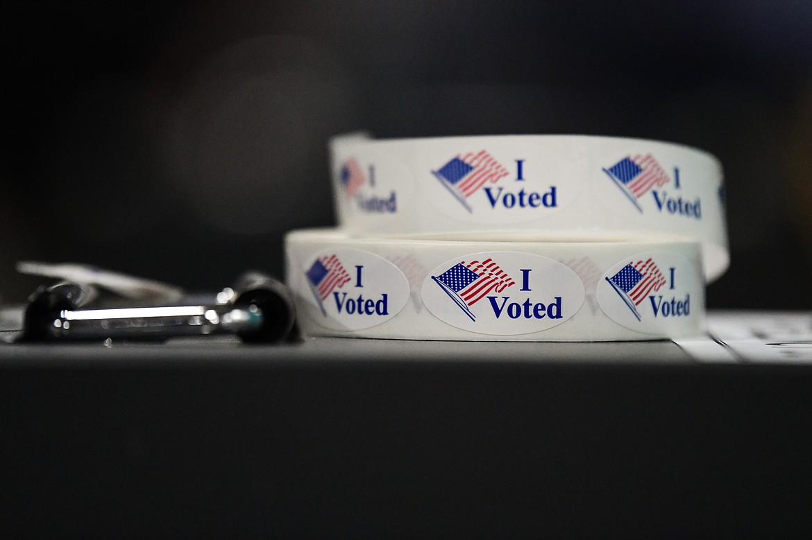 A roll of "I Voted" stickers at the Trade Center at the Flathead County Fairgrounds on Tuesday, Nov. 8. (Casey Kreider/Daily Inter Lake)