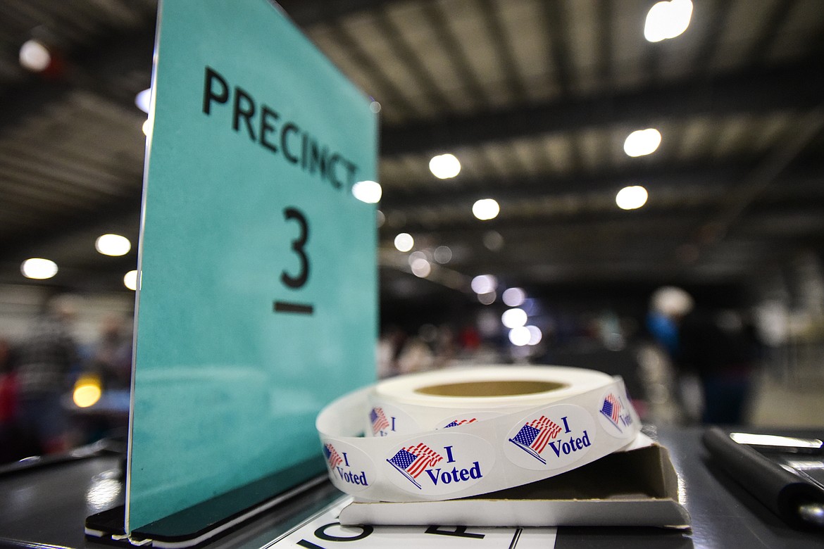 A roll of "I Voted" stickers at the Trade Center at the Flathead County Fairgrounds on Tuesday, Nov. 8. (Casey Kreider/Daily Inter Lake)