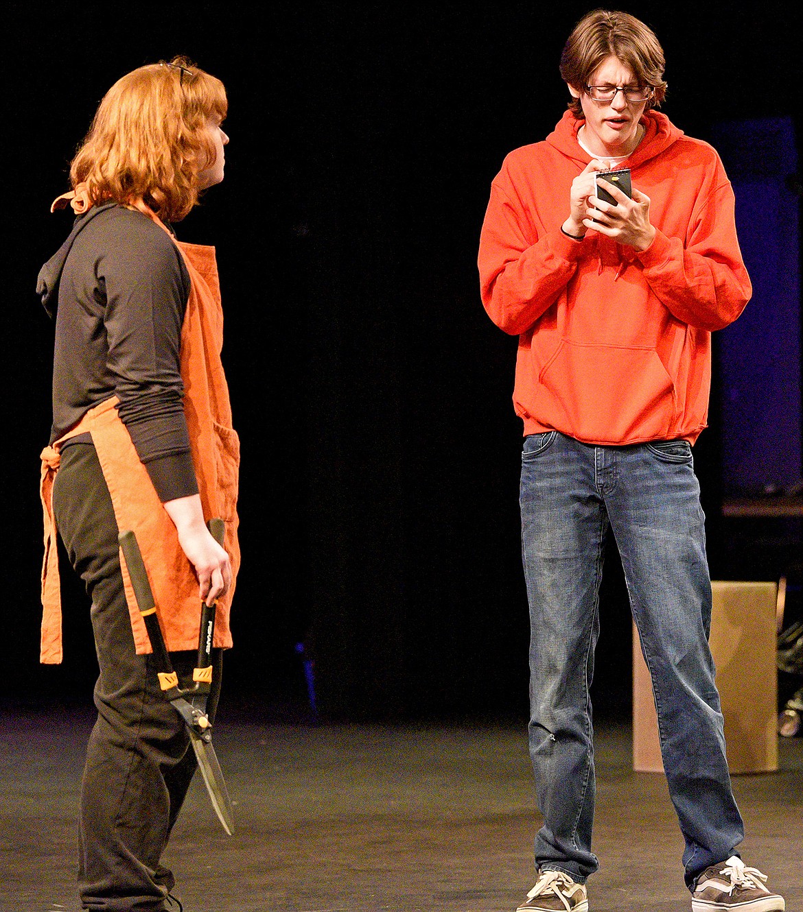 Whitefish High School Drama Club actors Kepler and Ethan Hunsaker act out a scene at a rehearsal of "The Curious Incident of the Dog in the Night-Time" at the PAC in Whitefish on Monday. (Whitney England/Whitefish Pilot)