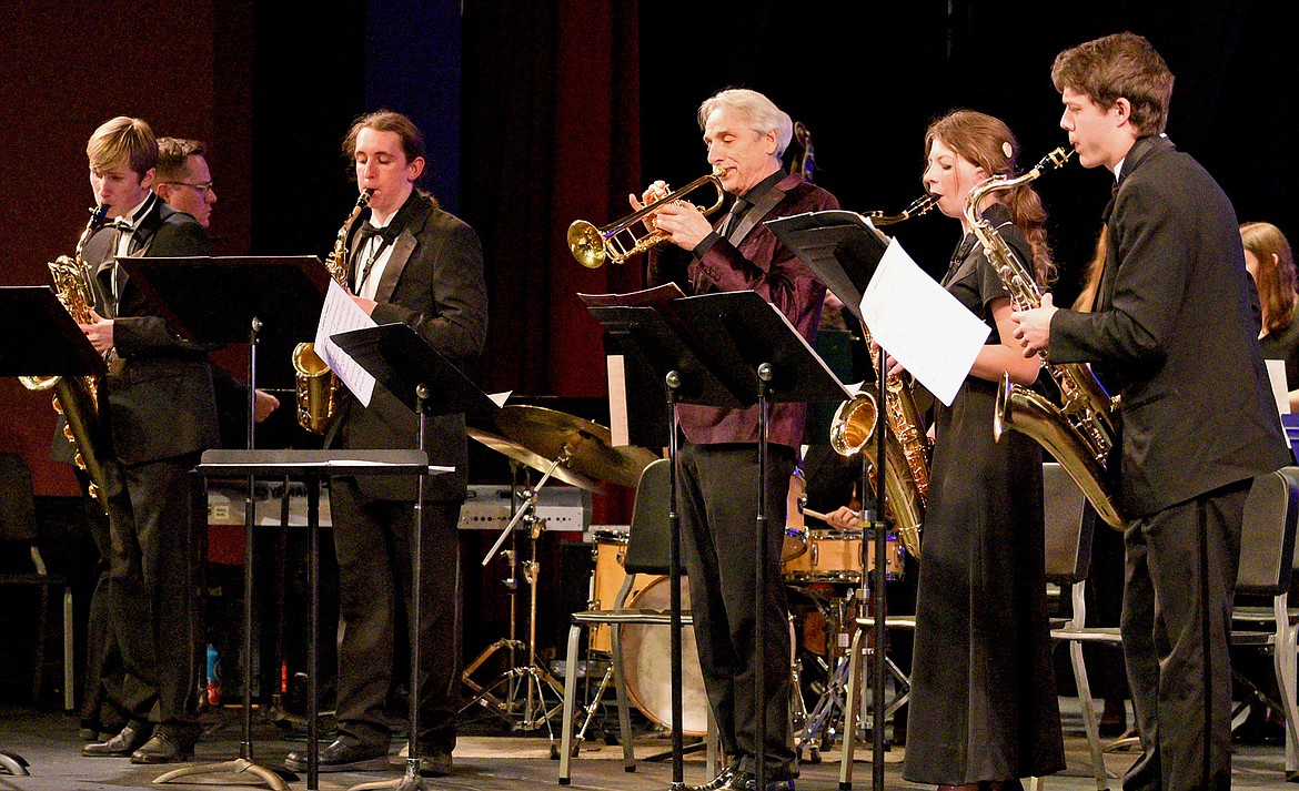 Professional trumpeter Allen Vizzutti performs with the WHS Birdland Jazz Combo during a special concert at the Performing Arts Center in Whitefish on Thursday. Pictured from left to right is Vaughan Irwin, Liam Good, Allen Vizzutti, Sasha Johnston and Henry Seigmund. (Whitney England/Whitefish Pilot)