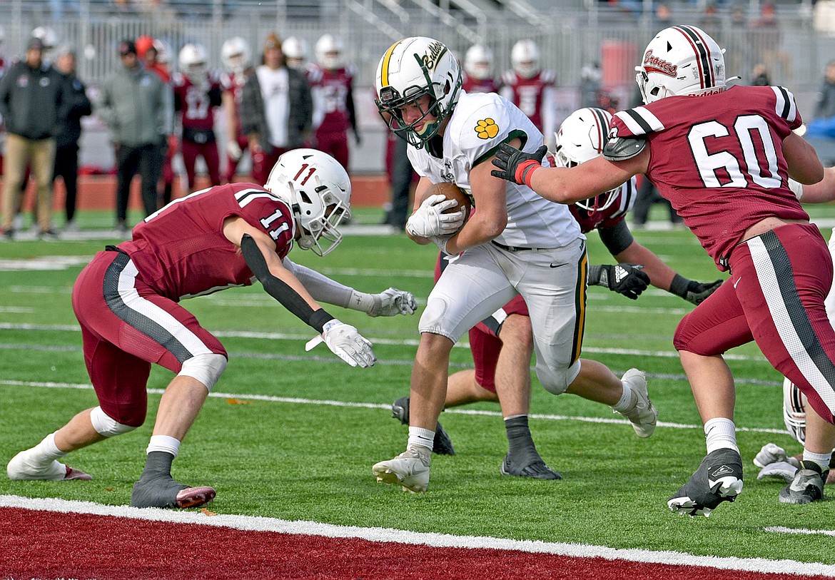 Whitefish's Decker Wold runs into the end zone for a touchdown during the Class A state quarterfinal game on Saturday in Hamilton. (Whitney England/Whitefish Pilot)