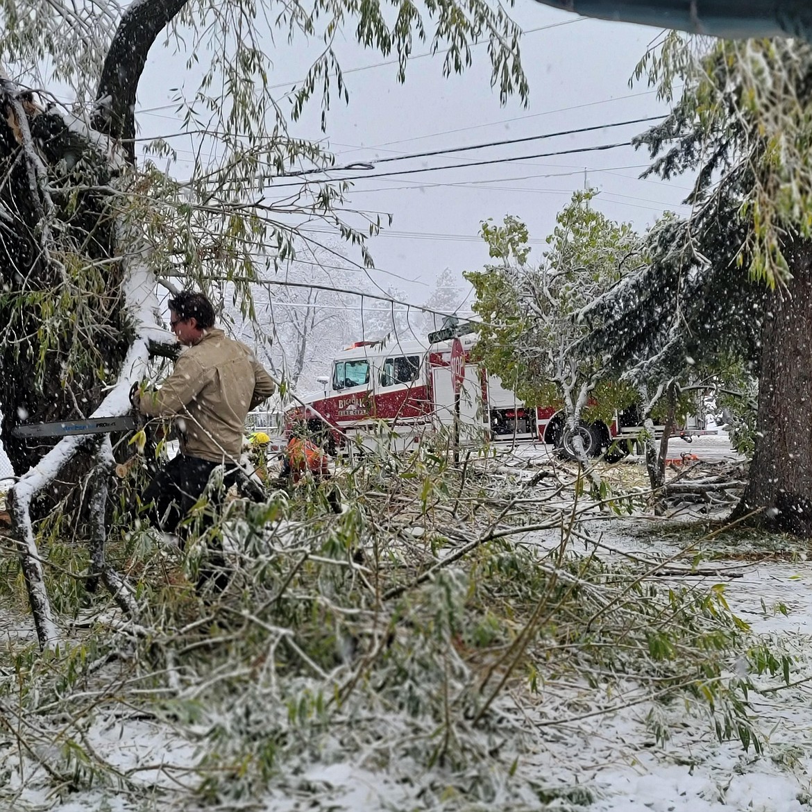 Michael Johnson and Bigfork firefighters work to clear the debris from the fallen tree. (photo provided)