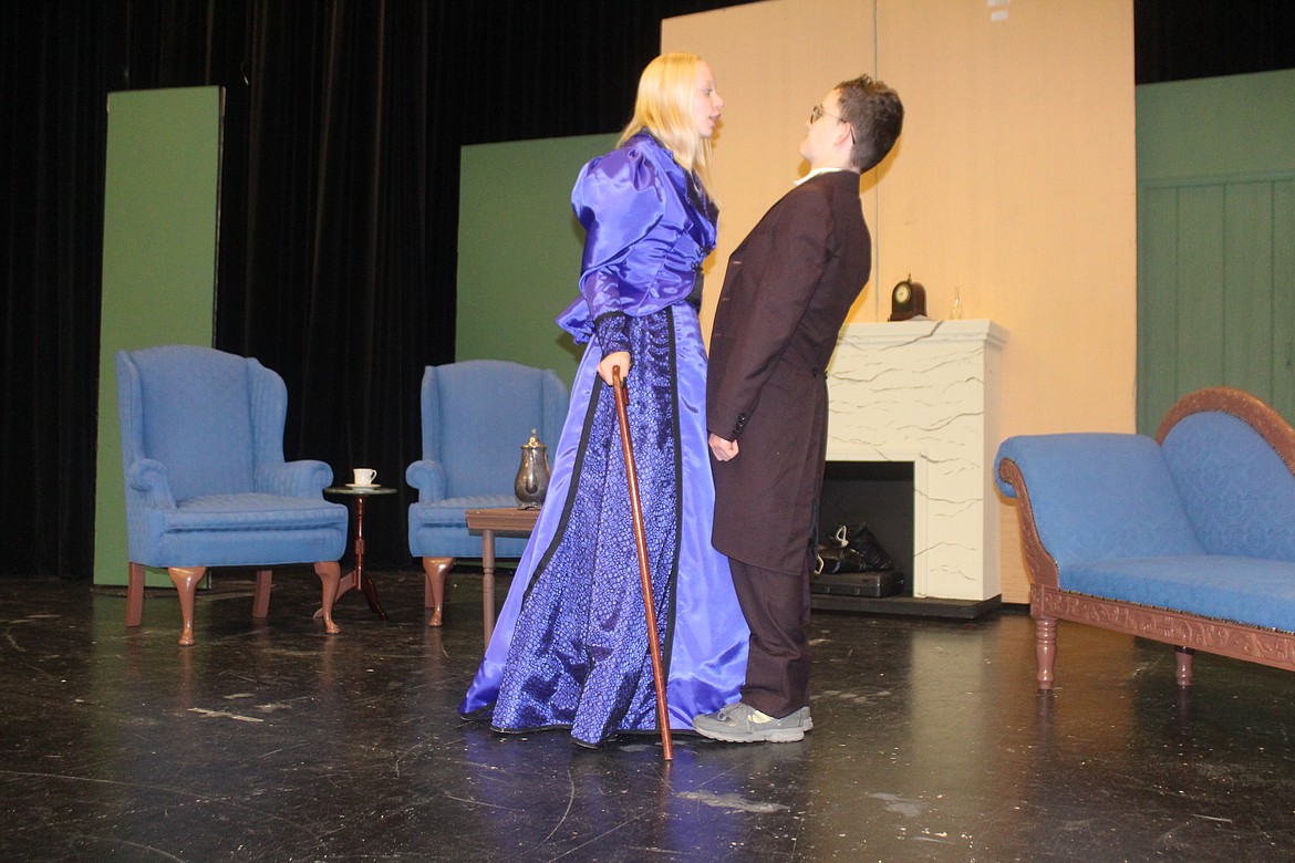 Earnest - um, Jack (Sawyer Roylance, right) tries to stand up to his formidable prospective mother-in-law Lady Bracknell (Ellie Ashton, left) in the Othello High School production of “The Importance of Being Earnest.”