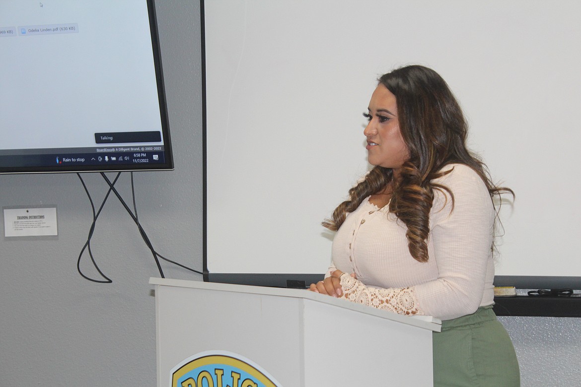 Othello City Council candidate Daneae Valdez answers questions from council members during interviews Monday. Valdez was appointed to the council later in the meeting.