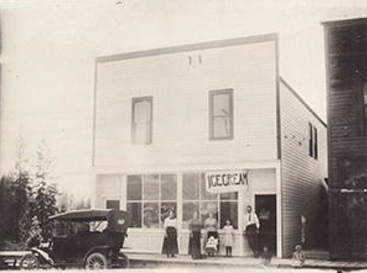 Photo of Weeds Ice Cream parlor on west side of Electric Ave. in Bigfork, taken before the fire of 1912. (Courtesy of the Jeff Wade Family)