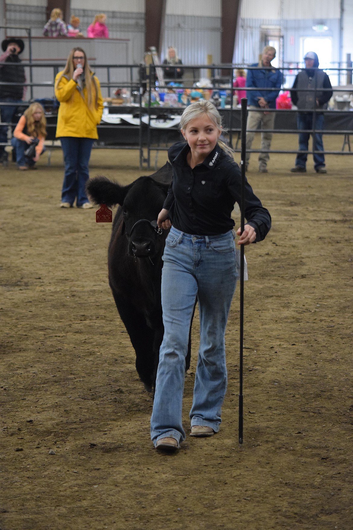 Kaylee Eider, 12, of Hayden, Idaho, leads her steer out of the show ring during the Western Showcase Jackpot show at the Grant County Fairgrounds last Saturday.